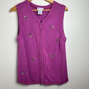 VTG Large Magenta Purple Floral Embroidered Zip Up Sweater Vest Cottagecore Twee